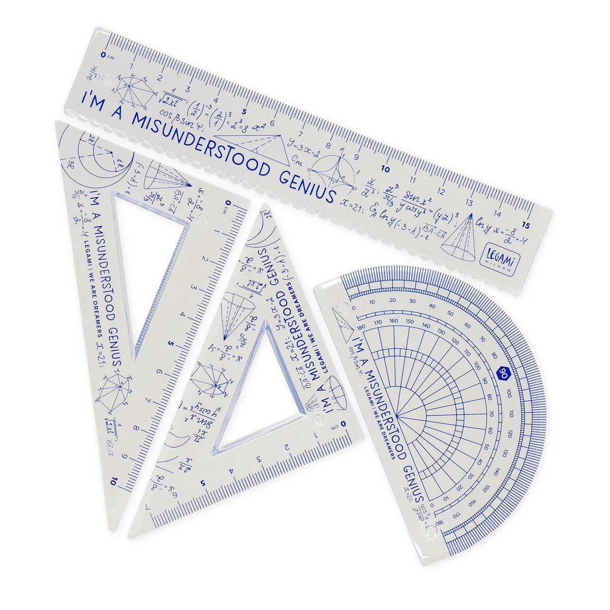 Set of mathematical tools including rulers and protractor with 'I'm a Misunderstood Genius' text on a white background.