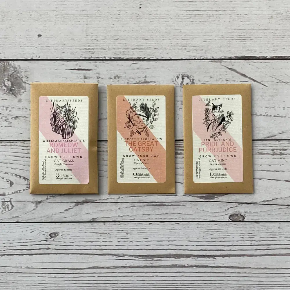 Set of three Literary Seeds seed packets: Cat Grass, Cat Nip, and Cat Mint, inspired by classic literature.