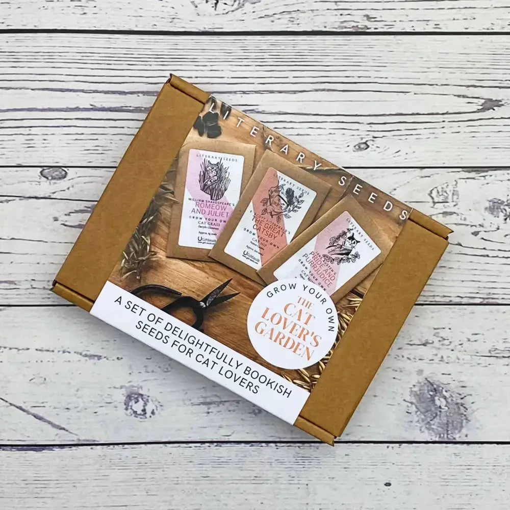 Literary Seeds: The Cat Lover's Garden set, featuring three seed packets for cat lovers in a charming box.