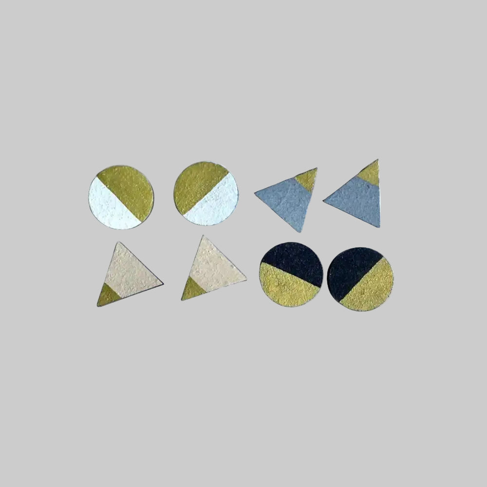Mono gold four piece hand painted wooden earrings stud set