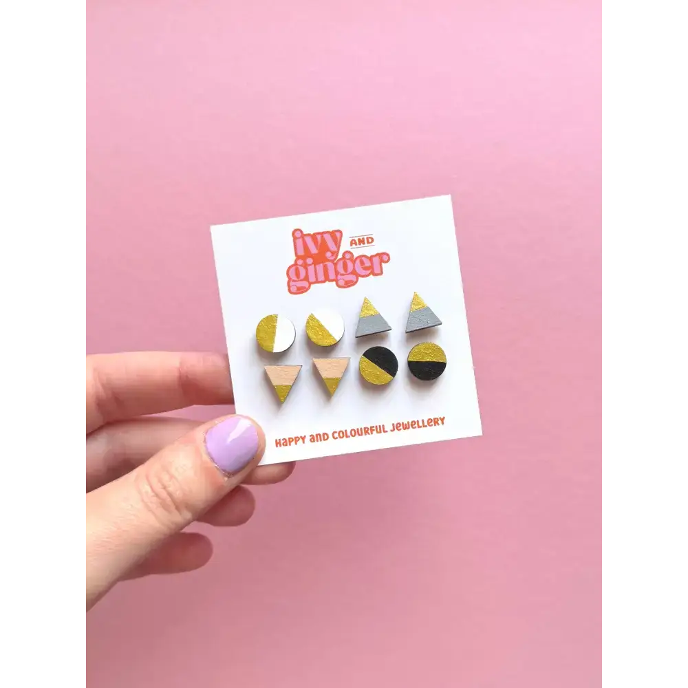 Mono gold four piece hand painted wooden earrings stud set