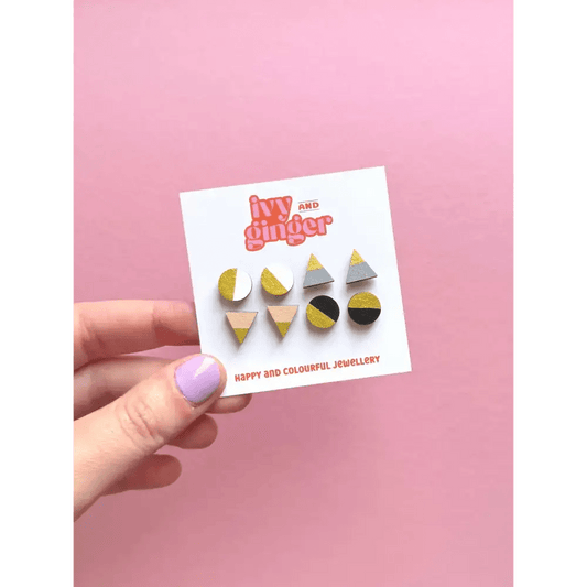 Mono gold four piece hand painted wooden earrings stud set - The Red Squirrel