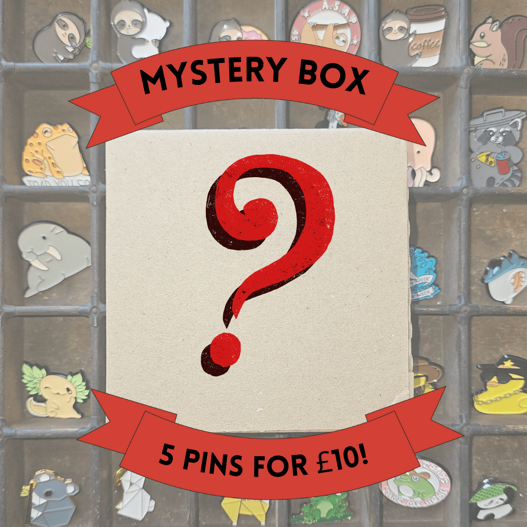 Mystery box containing 5 pin badges, perfect for collectors, great value at £10.