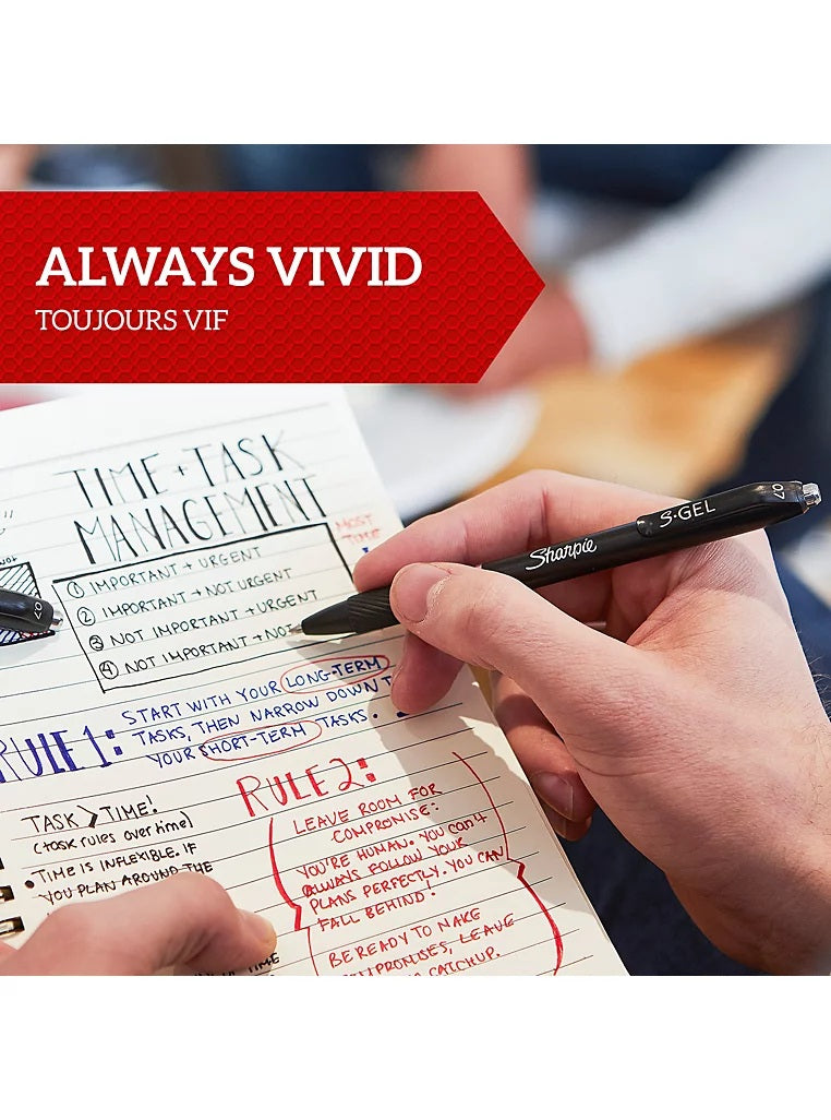 Person holding a Sharpie pen over a notebook with task management notes, with 'Always Vivid' text at the top.