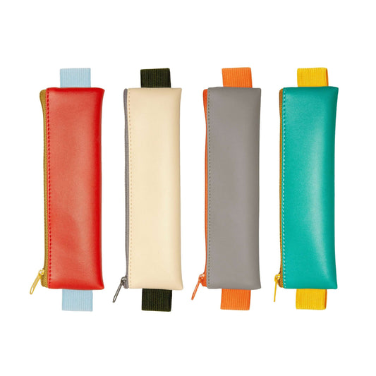 Four stylish pencil pouches in red, beige, gray, and teal, featuring zippers and elastic bands for organization.