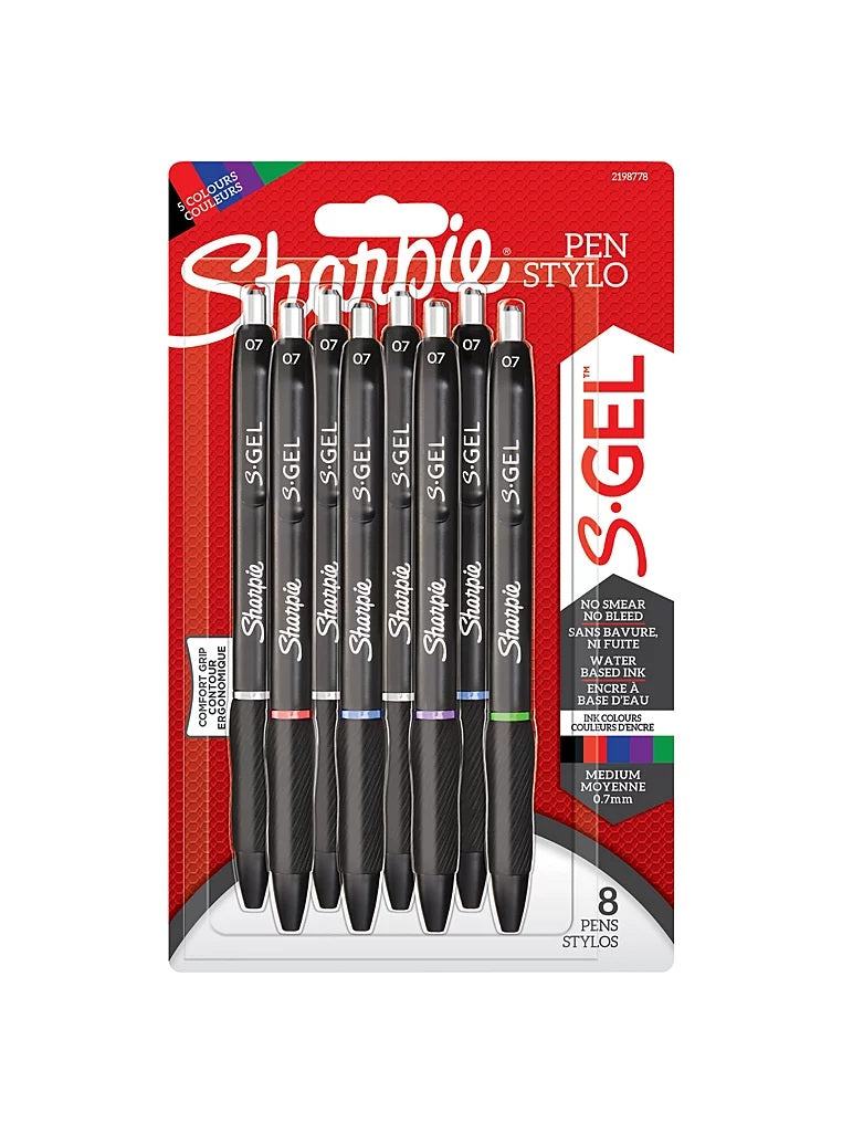 Pack of Sharpie S-Gel pens with red packaging on a white background