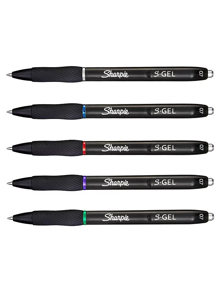 Set of five Sharpie S-Gel pens with color-coded ink caps on a white background