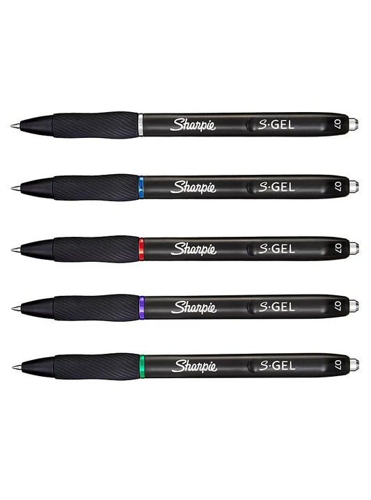 Set of five Sharpie S-Gel pens with color-coded ink caps on a white background