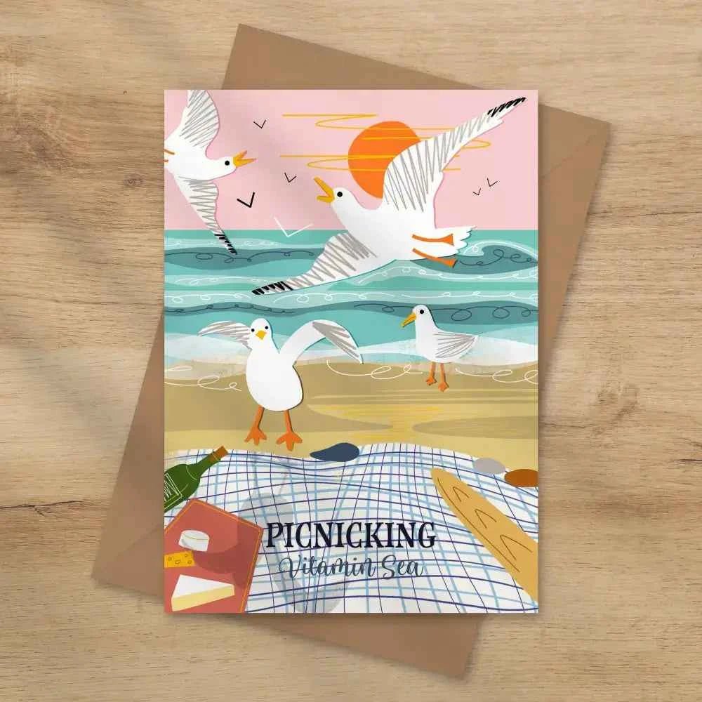 Picnicking Coastal card seaside greeting card seagull cards - The Red Squirrel