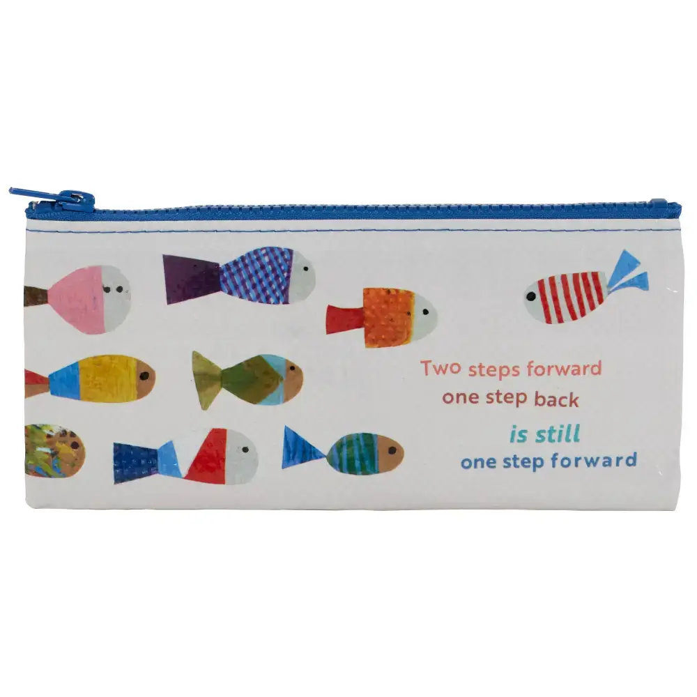 Colorful pencil case with fish design featuring the quote about progress. Ideal for organizing stationery supplies.