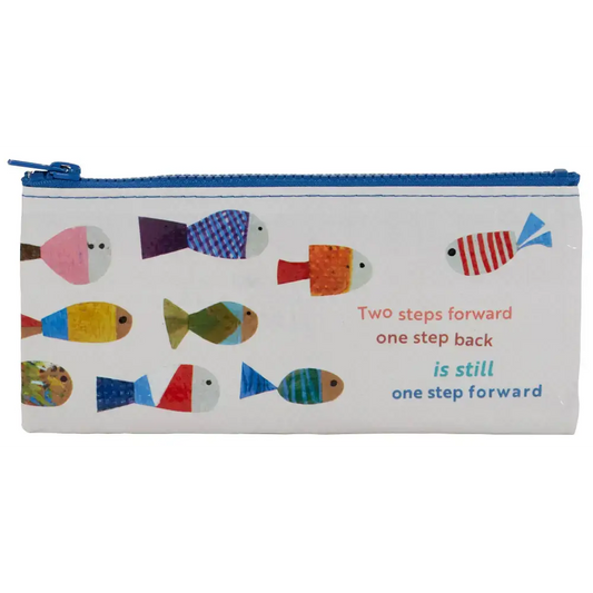 Colorful pencil case with fish design featuring the quote about progress. Ideal for organizing stationery supplies.