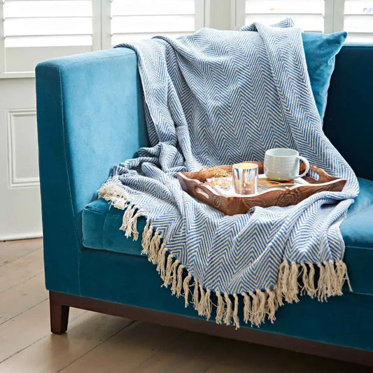 Recycled Cotton Woven Chevron Throw - Blue