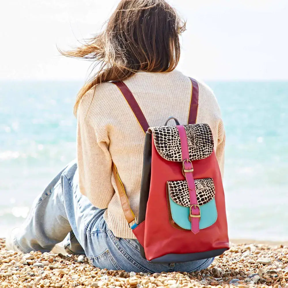 Recycled Multicoloured Leather Backpack - Handmade
