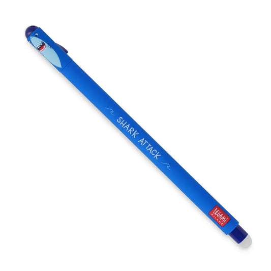Blue pen with shark design and 'Shark Attack' text on a white background