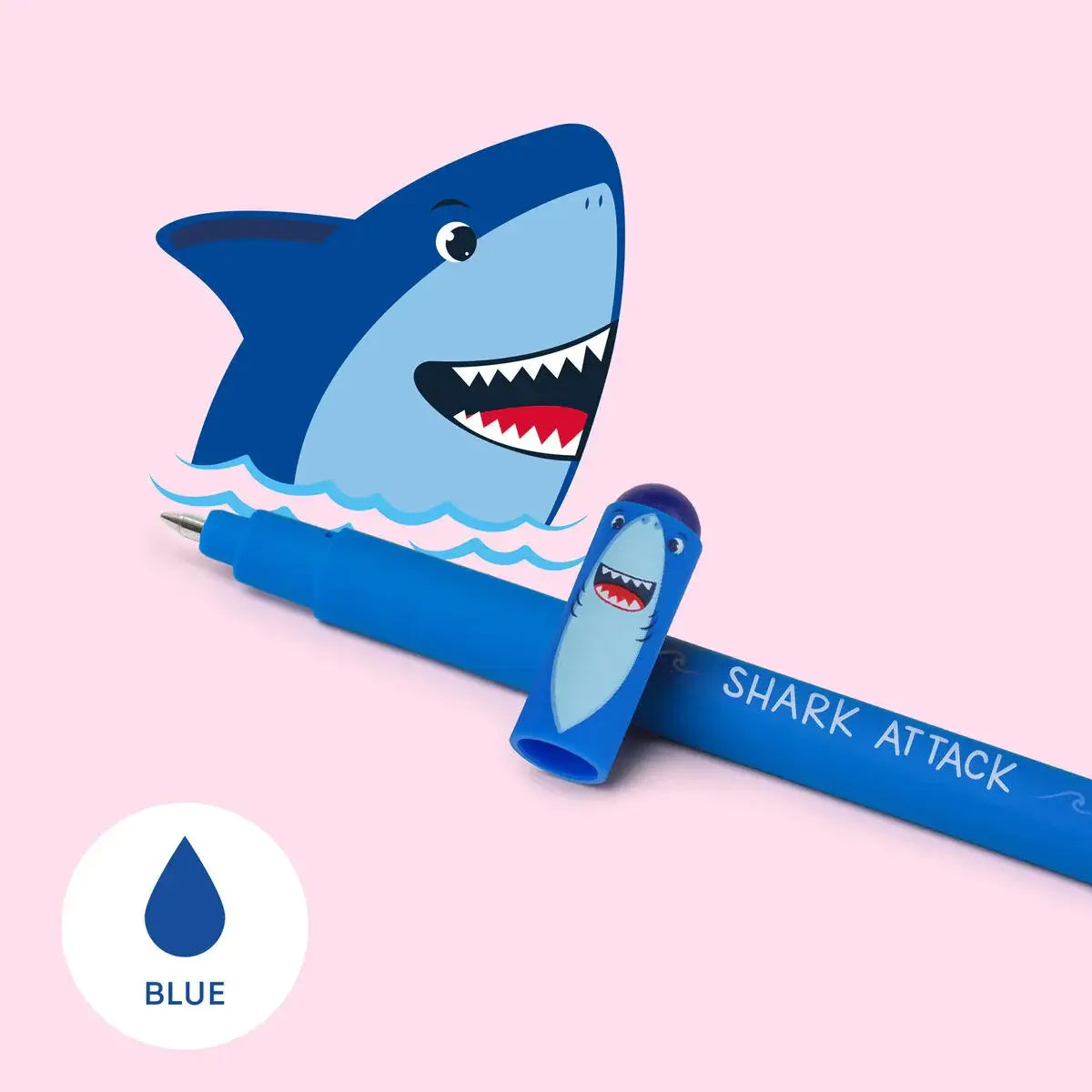 Blue shark-themed pen with cartoon shark design on a pink background