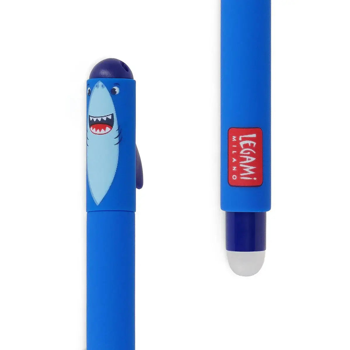 Blue pen with shark design and Legami logo on a white background