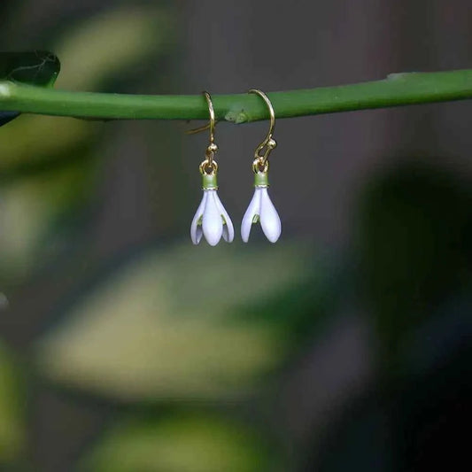 Snowdrop White Flower Single Drop Hook Earrings - The Red Squirrel