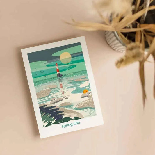 Spring tide - lighthouse, coastal greetings card - The Red Squirrel