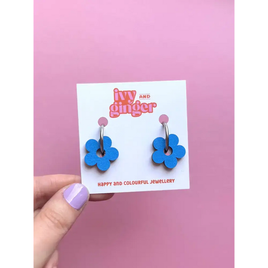 Statement blue hand painted fun wooden flower hoop earrings