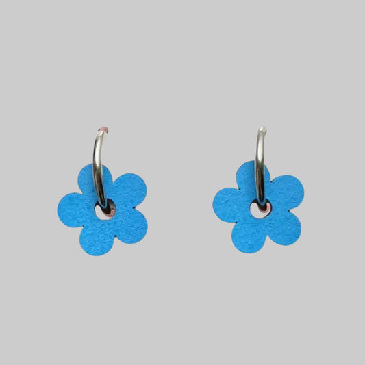 Statement blue hand painted fun wooden flower hoop earrings