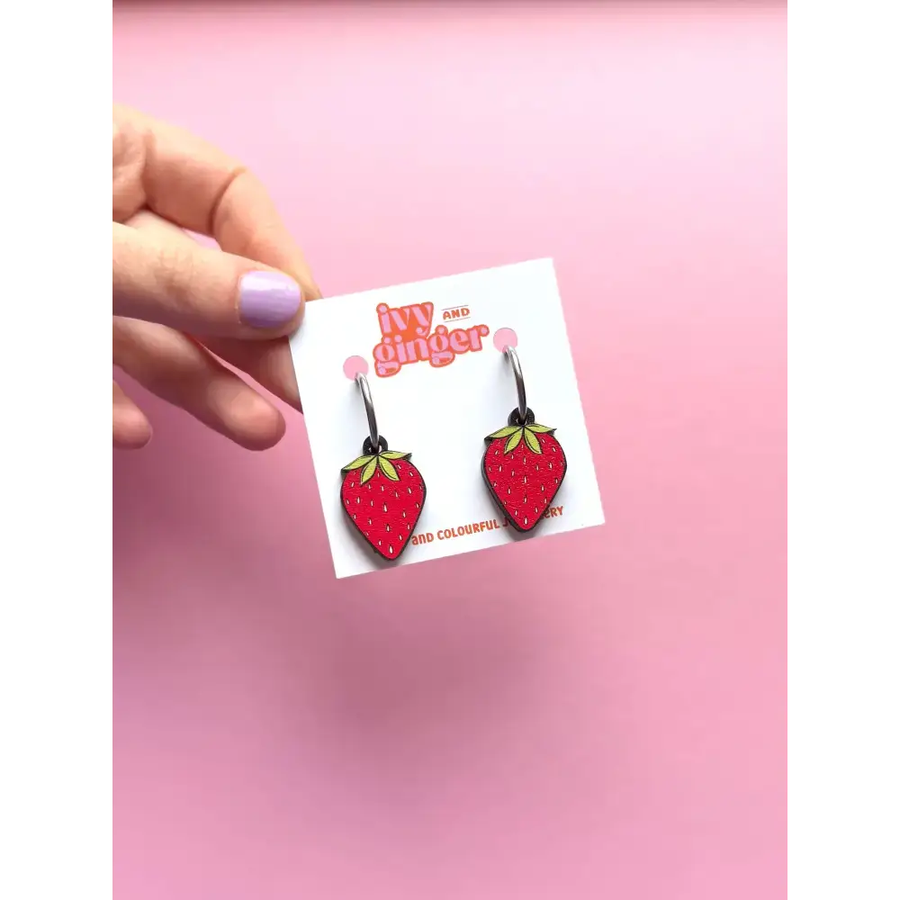 Strawberry Summer Bold Wooden Statement Dangle Earrings - Fish Hook