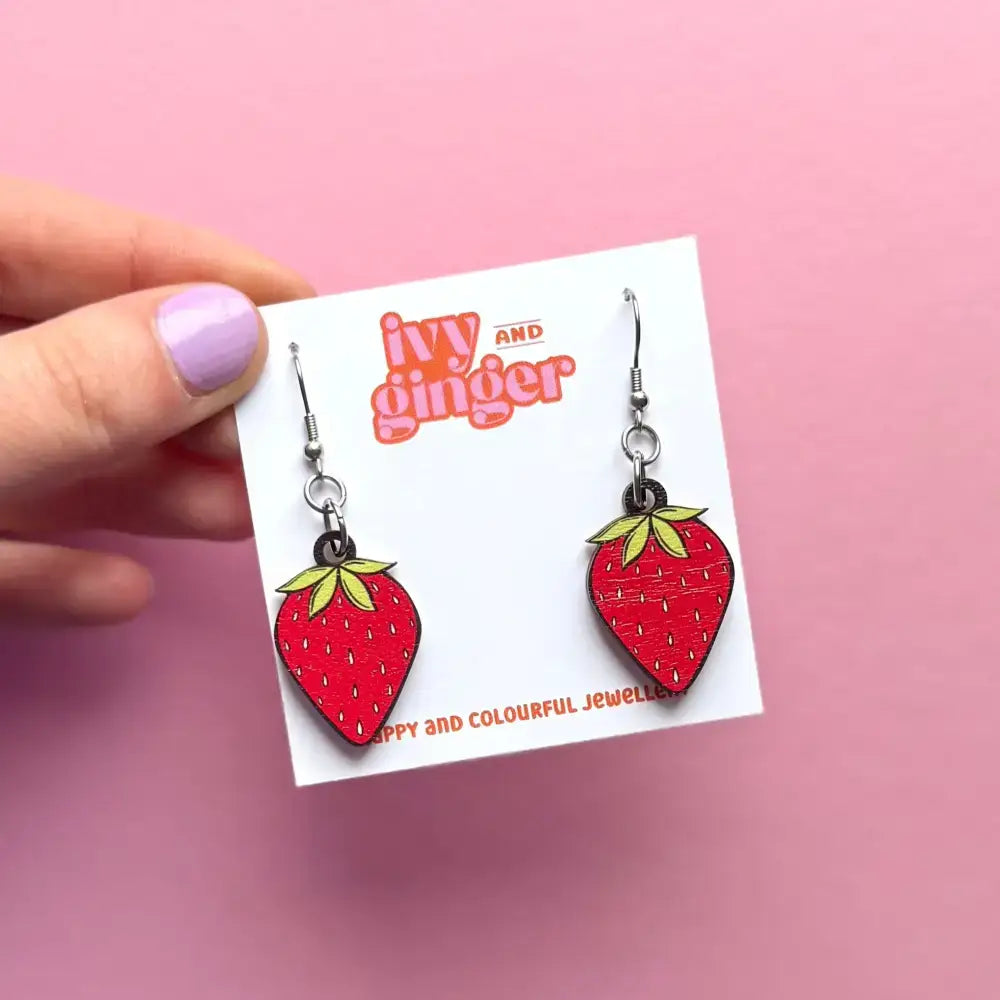 Strawberry Summer Bold Wooden Statement Dangle Earrings - Fish Hook