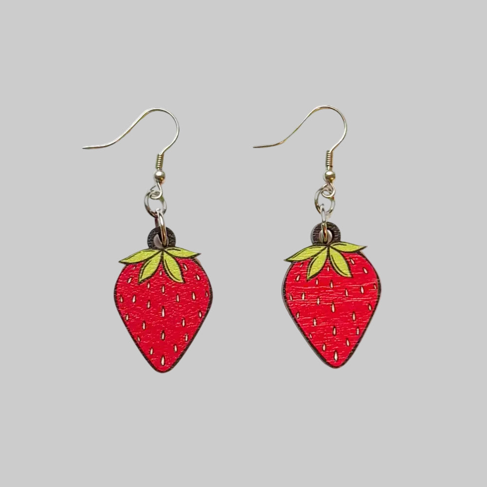 Strawberry Summer Bold Wooden Statement Dangle Earrings - Fish Hook