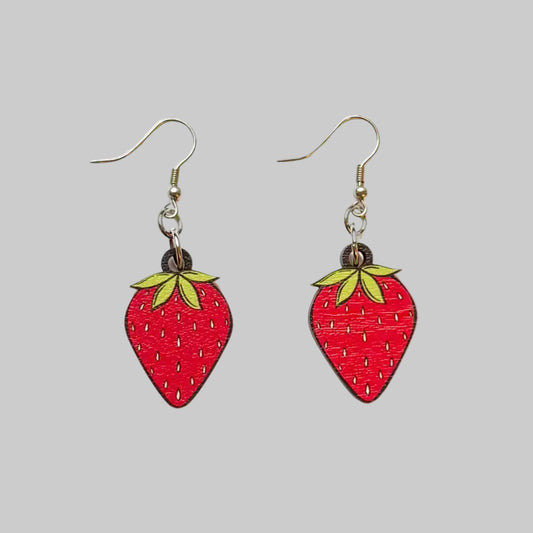 Strawberry Summer Bold Wooden Statement Dangle Earrings - Fish Hook