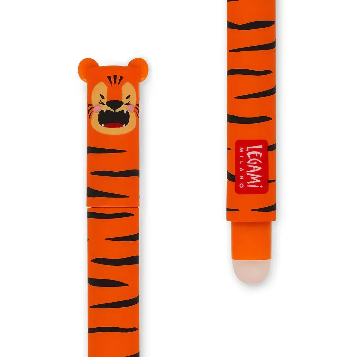 Legami Erasable Pen - Tiger, featuring a vibrant tiger design and thermosensitive orange ink for seamless erasing.