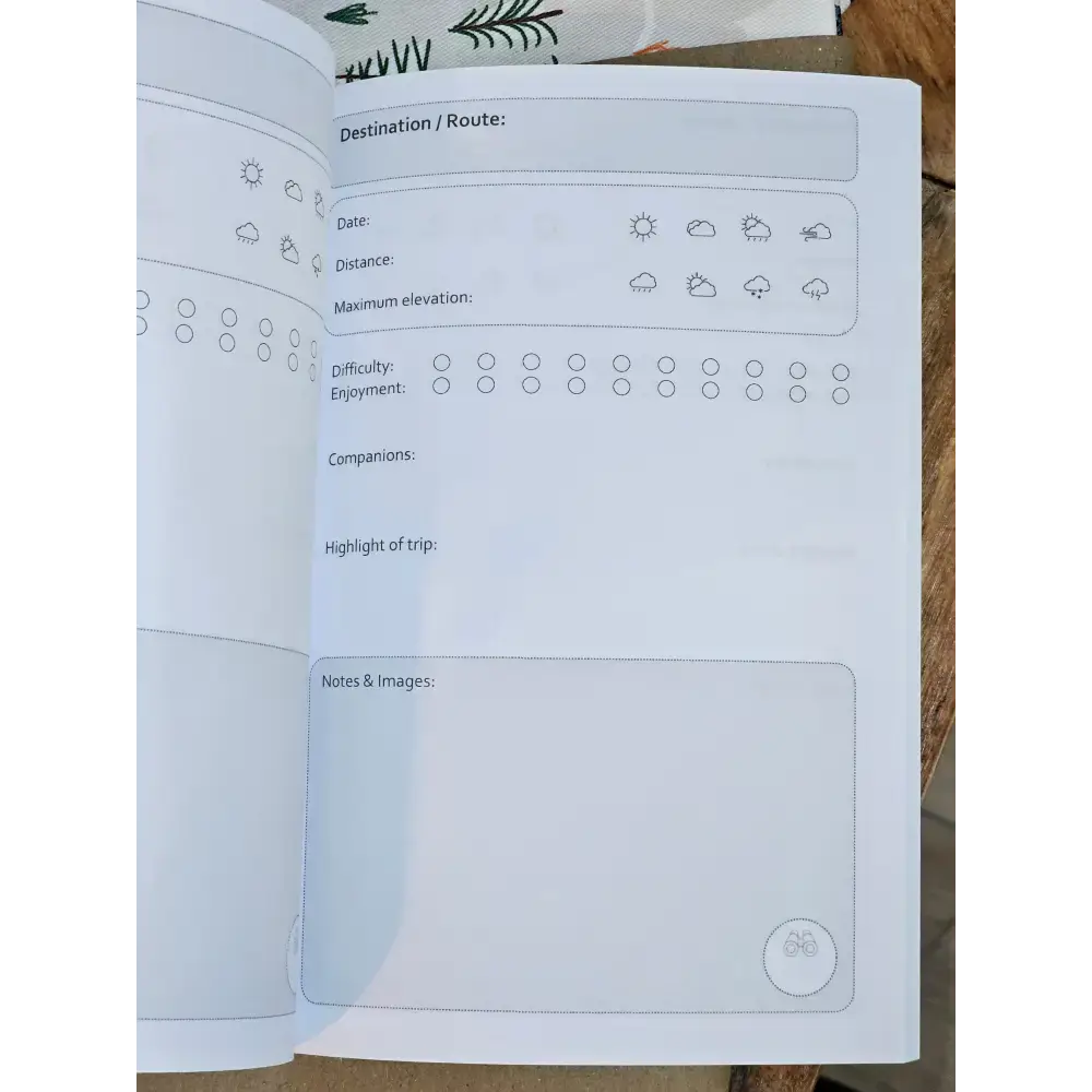 Opened page of a walking logbook featuring sections for trip details, distance, elevation, and highlights.