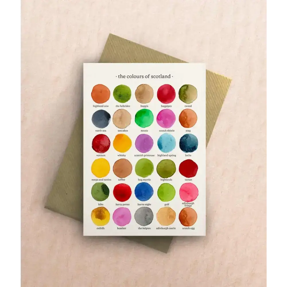 Greeting card titled 'The Colours of Scotland' showcasing a colorful palette inspired by Scotland's landscapes.