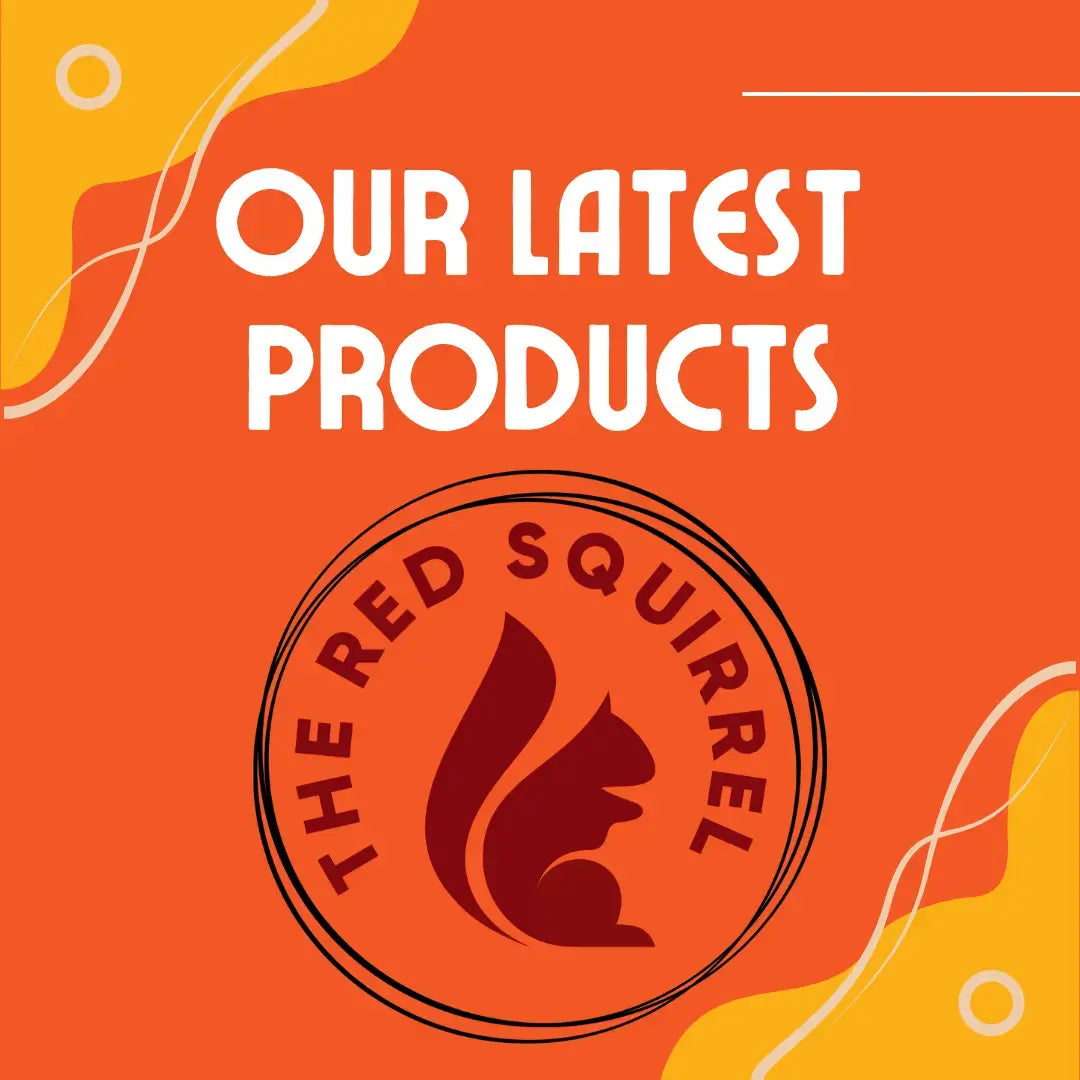 Latest products from The Red Squirrel showcased on a vibrant orange background with logo.