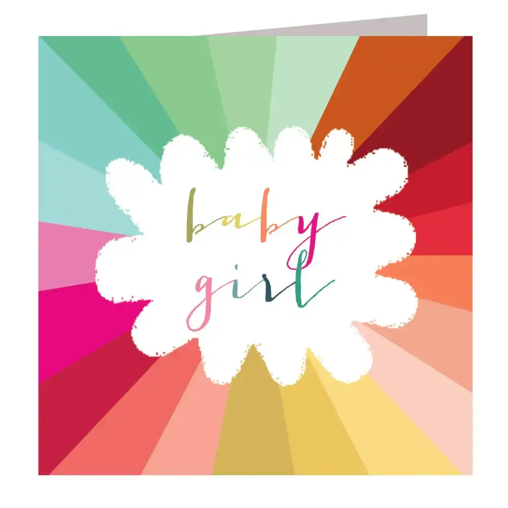 Colorful new baby girl greeting card with vibrant rays and playful font design.