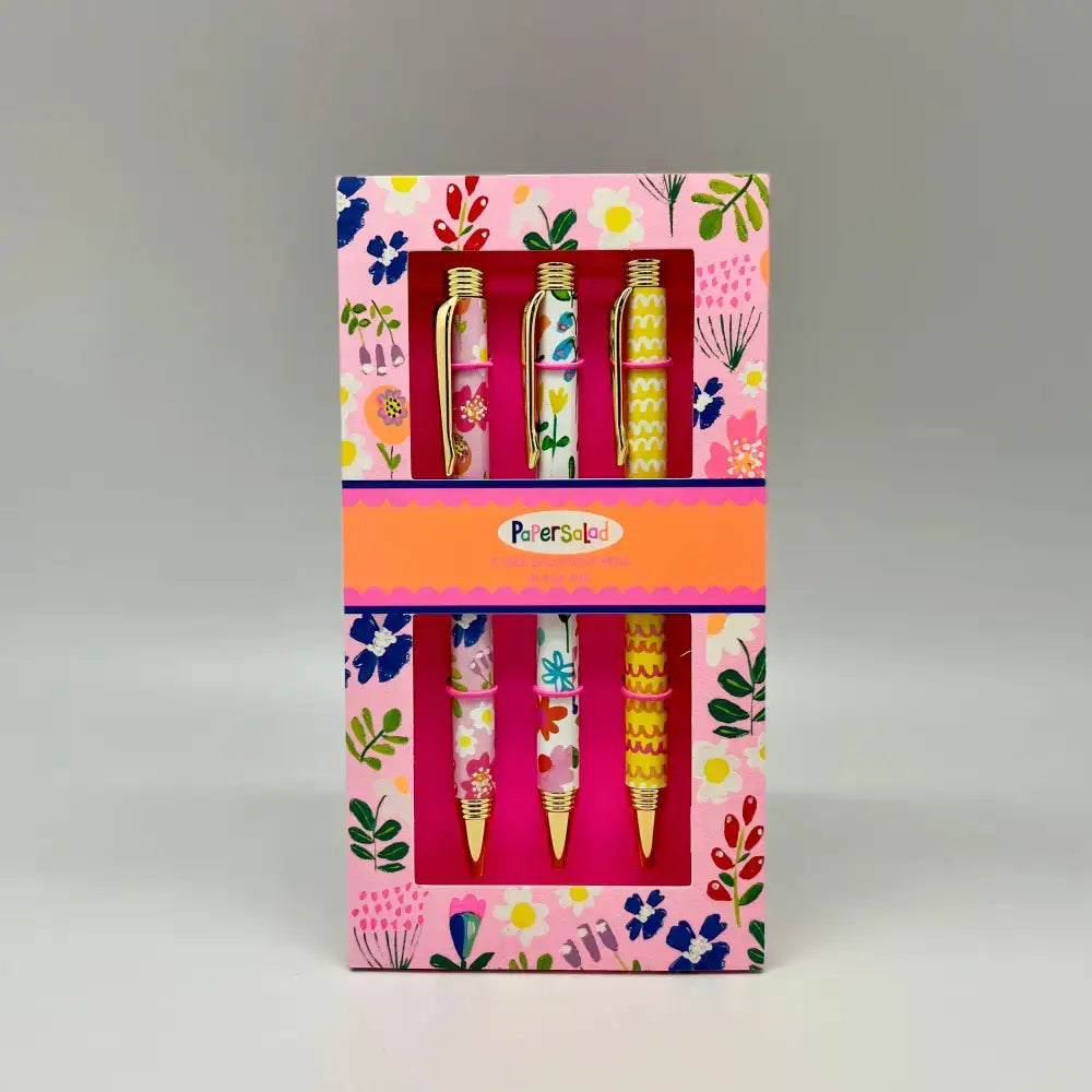 Colorful floral pen set in a decorative box, perfect for gifts or personal use.