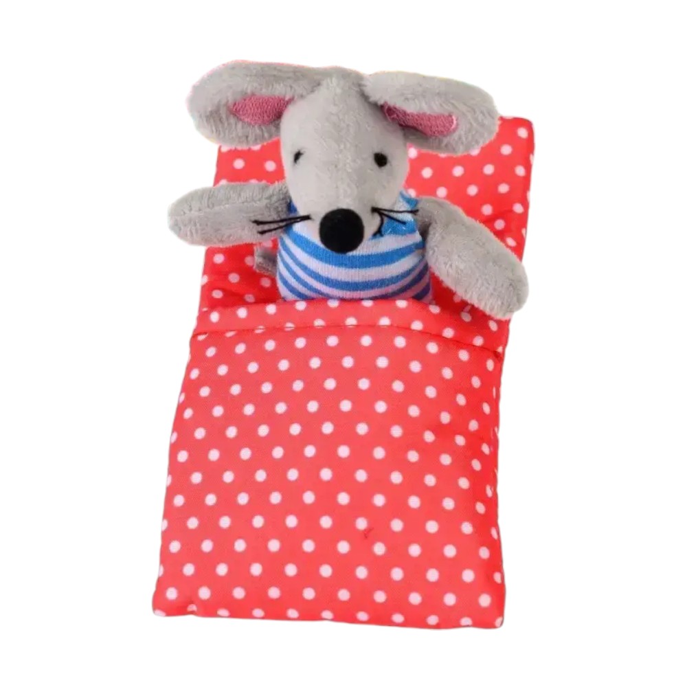 Cute mouse plush toy in striped shirt resting on a polka dot bed, featured in a collection of curated toys.