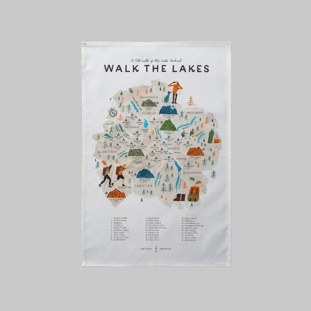 Vintage map tea towel featuring Derwentwater, showcasing scenic landscapes and waterways.