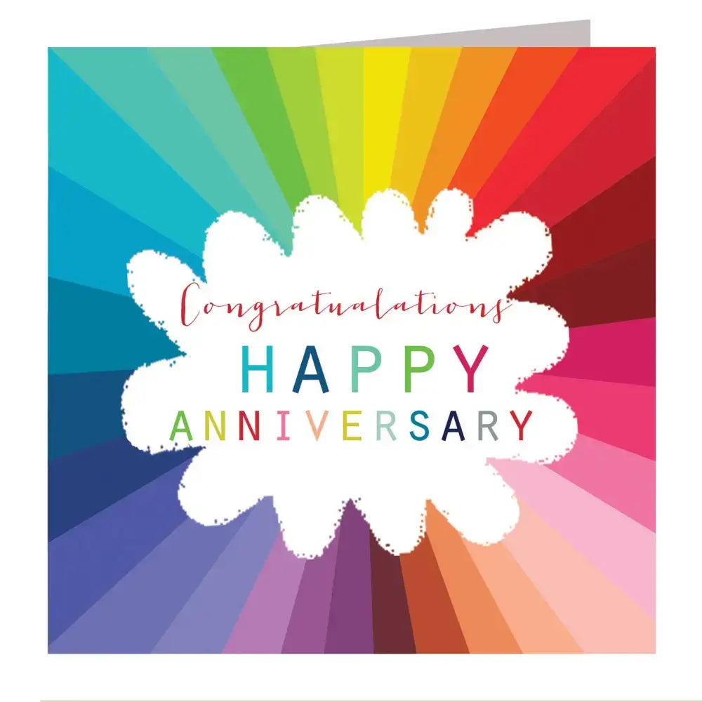Colorful anniversary greeting card with 'Happy Anniversary' text and a vibrant rainbow background.