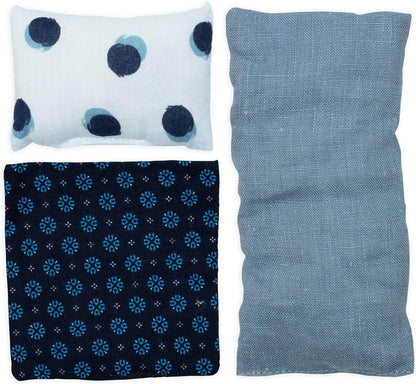 Four fabric samples with different patterns on a white background