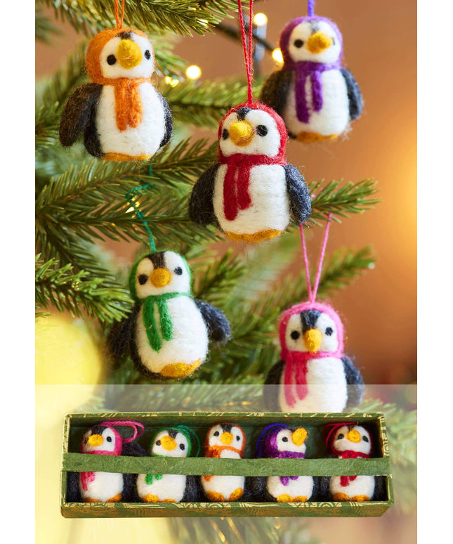 Set of 5 Hanging Felt Penguin Christmas Decorations