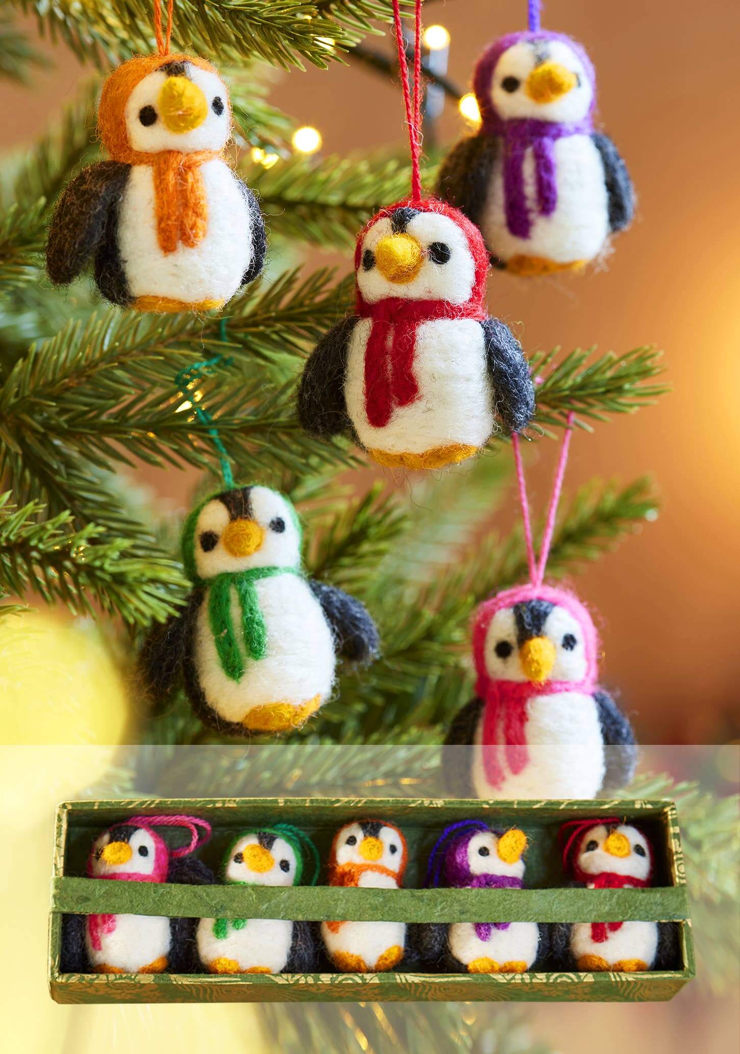 Set of 5 Hanging Felt Penguin Christmas Decorations - The Red Squirrel