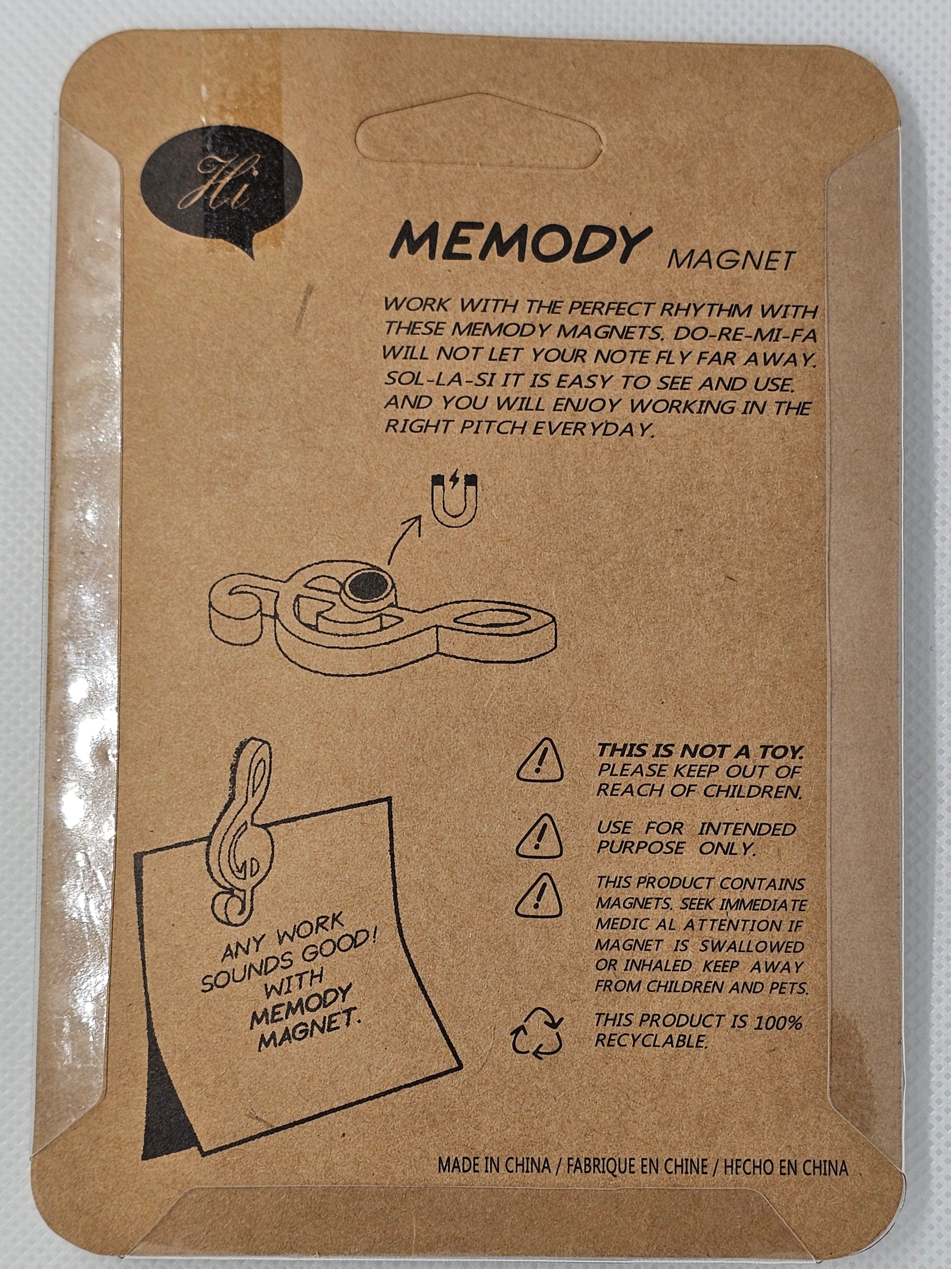 Brown cardboard packaging with text and graphics for a product named 'Memody'.