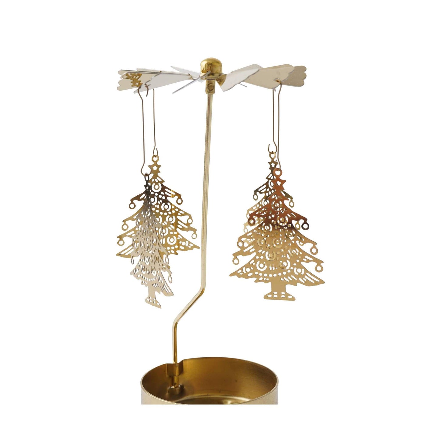Decorative gold stand with hanging tree-shaped ornaments on a white background