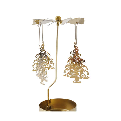 Decorative gold stand with hanging tree-shaped ornaments on a white background