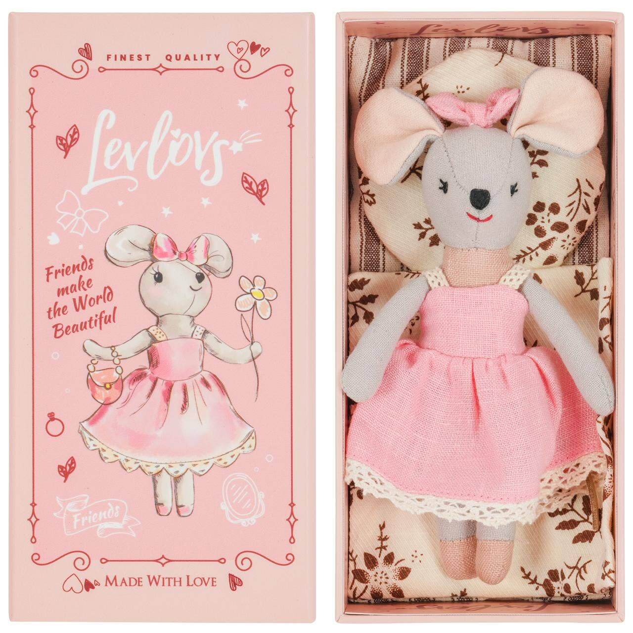 Stuffed toy mouse in a pink dress with a matching box featuring the brand 'Levlevs'.