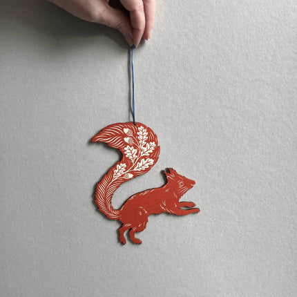 Screenprinted Wooden Decoration - Squirrel - Rusty Red