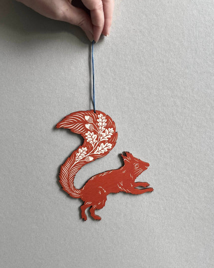 Screenprinted Wooden Decoration - Squirrel - Rusty Red