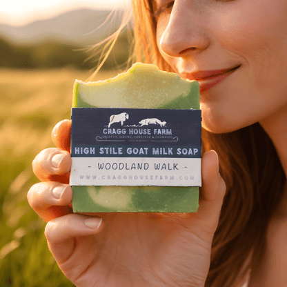 Women holding a bar of soap with 'Cragg House Farm' branding outdoors.