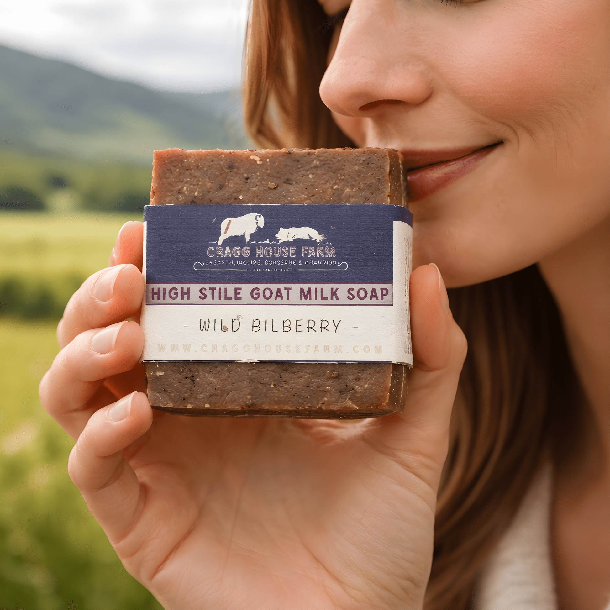Person holding a bar of soap with 'Cragg House Farm' branding outdoors.