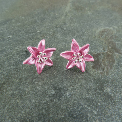 Lily Pink Star Gazer Flower Post Stud Earrings