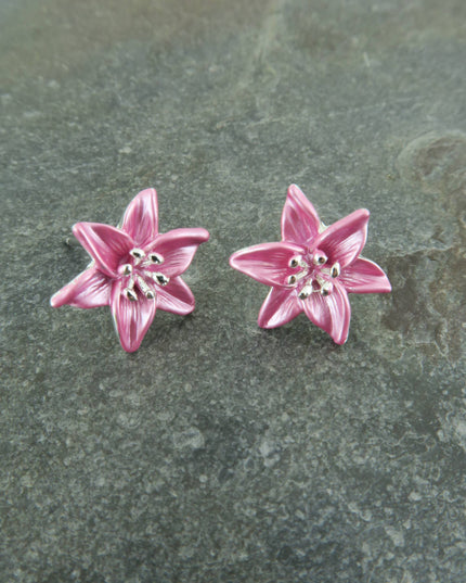 Lily Pink Star Gazer Flower Post Stud Earrings